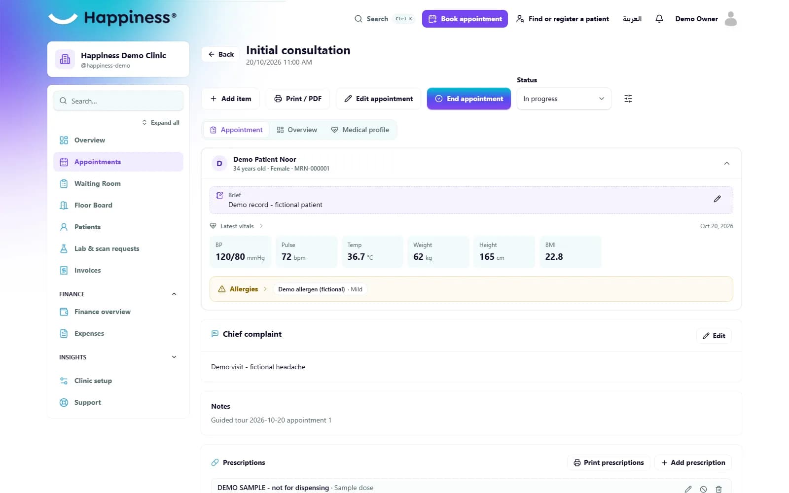 Appointment in progress showing its visit status and patient details.