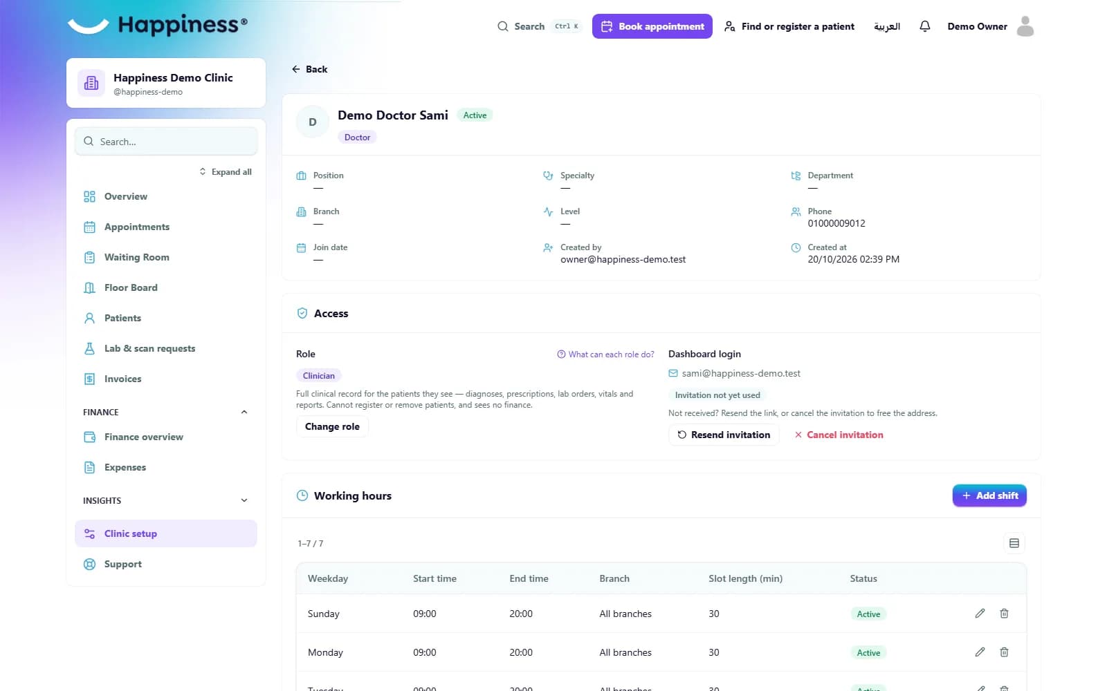 Team member profile with role, access and working hours.